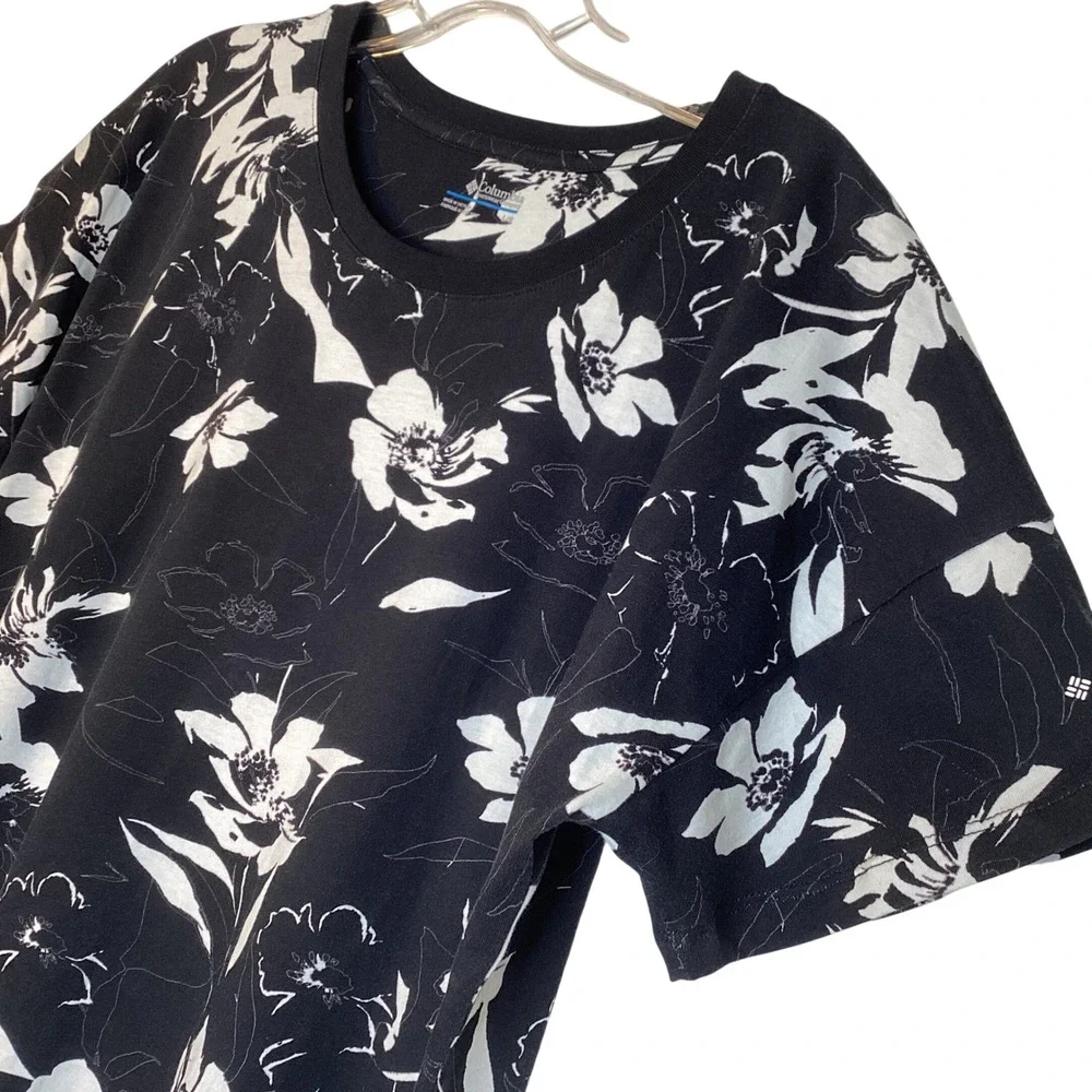 Columbia Black White Floral Cotton T-Shirt Mini Dress Sz L Tropical Travel NWOT